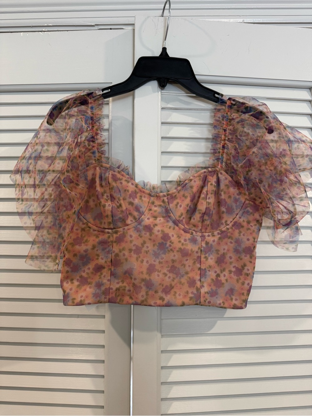 SD Collection Pink Floral Puff-Sleeve Sheer Crop Top